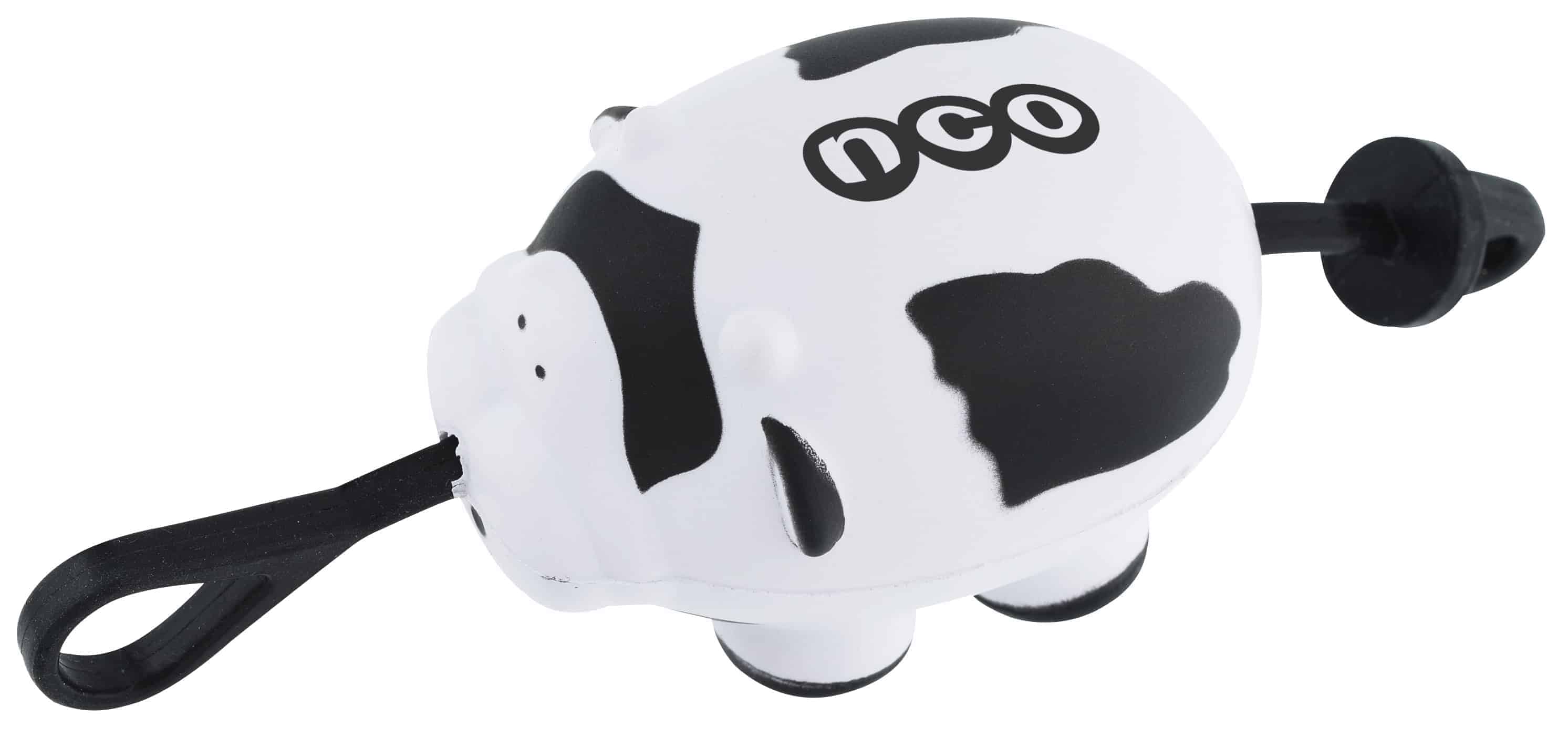 A black and white Slingshot Foam Cow.