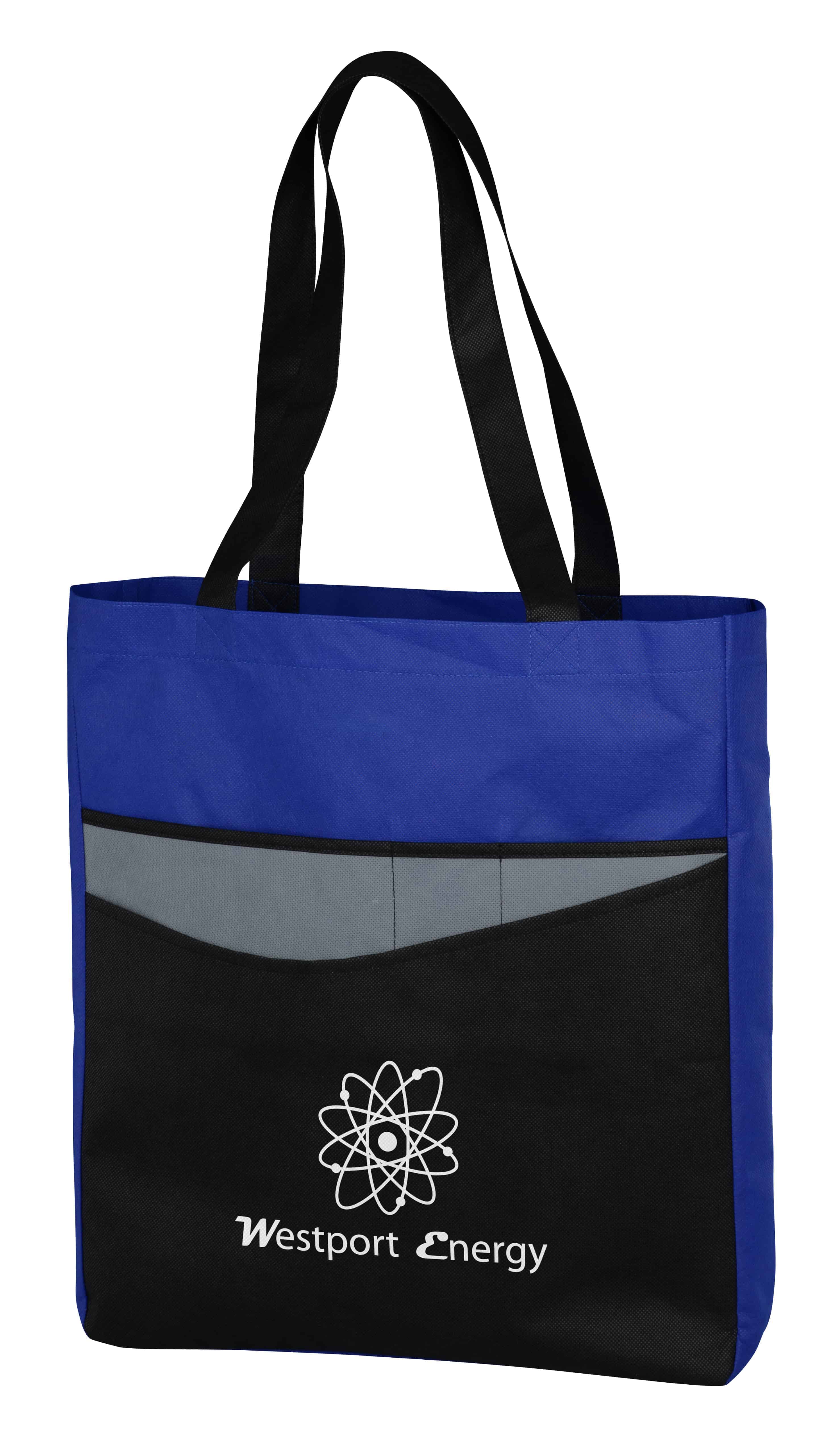 A blue and black Surge Pocket Tote from 4imprint. 