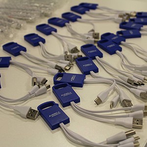 Multiple blue and white multi-end charging cables