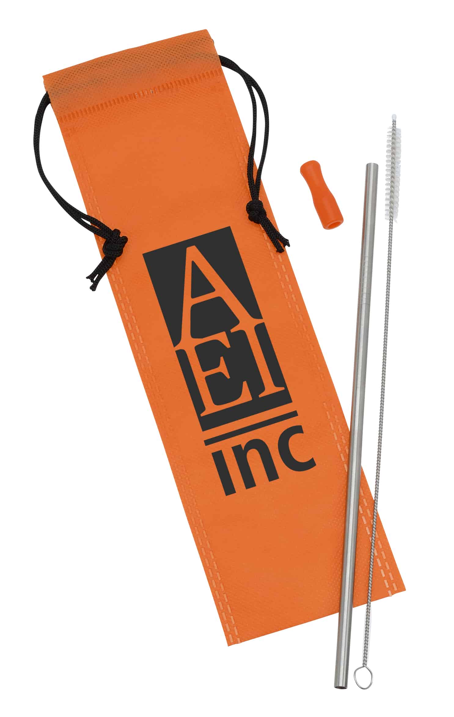 A Stainless Steel Straw Set with an orange carrying bag from 4imprint. 