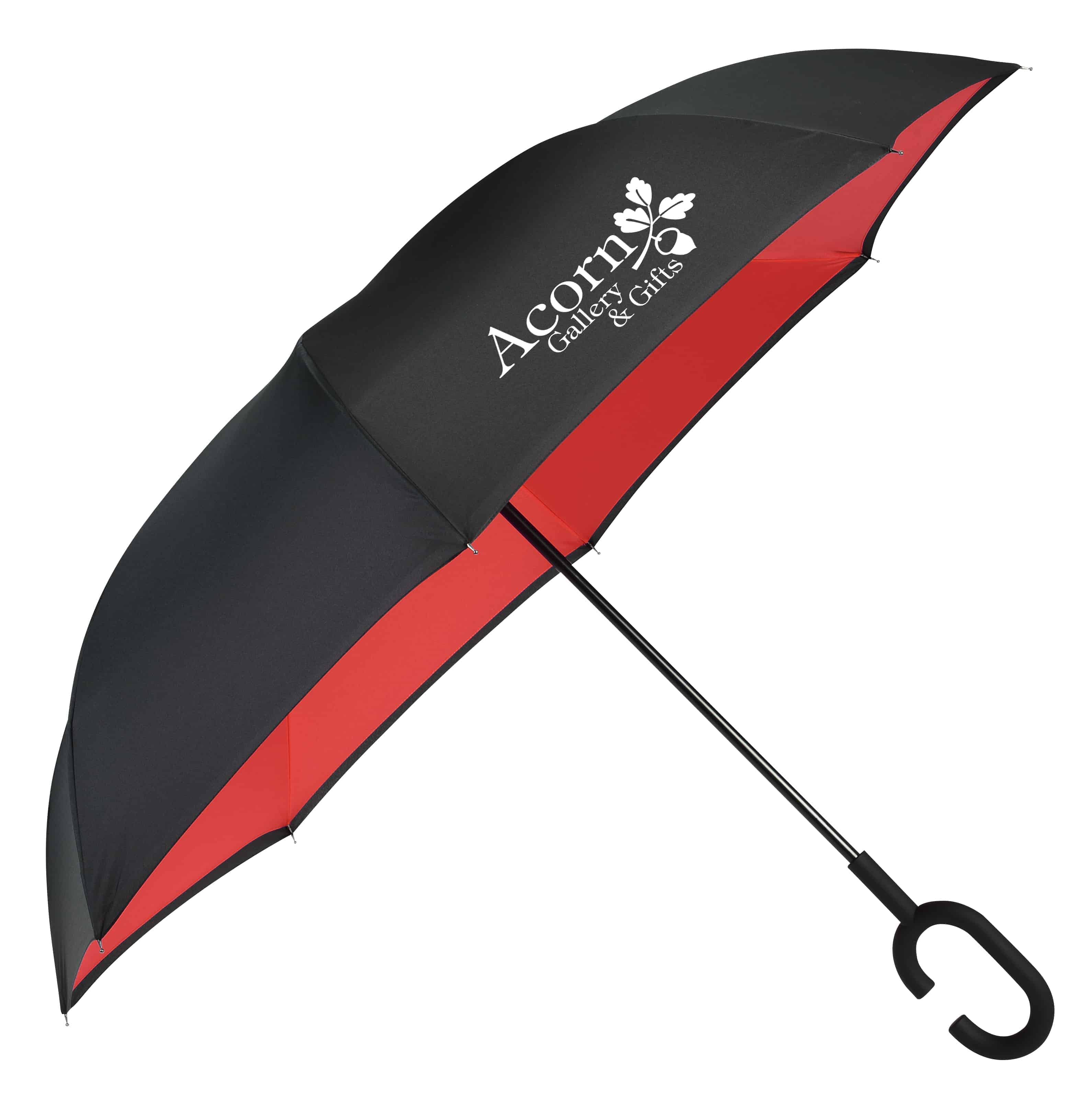 A black and red ShedRain UnbelievaBrella Reverse Umbrella. 