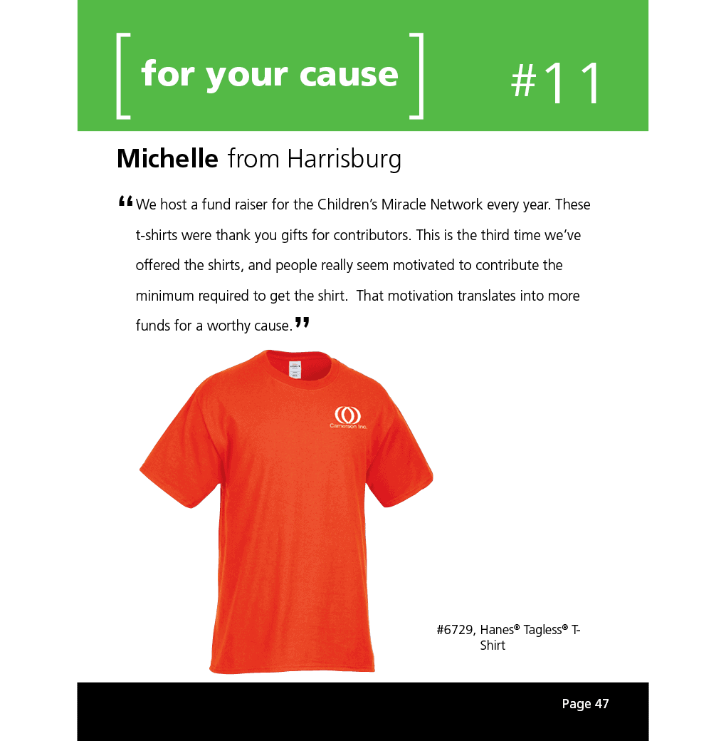 We host a fund raiser for the Children’s Miracle Network every year. These t-shirts were thank you gifts for contributors. This is the third time we’ve offered the shirts, and people really seem motivated to contribute the minimum required to get the shirt. That motivation translates into more funds for a worthy cause.