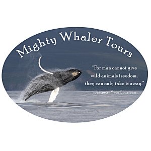 Oval car bumper magnet with whale jumping out of ocean