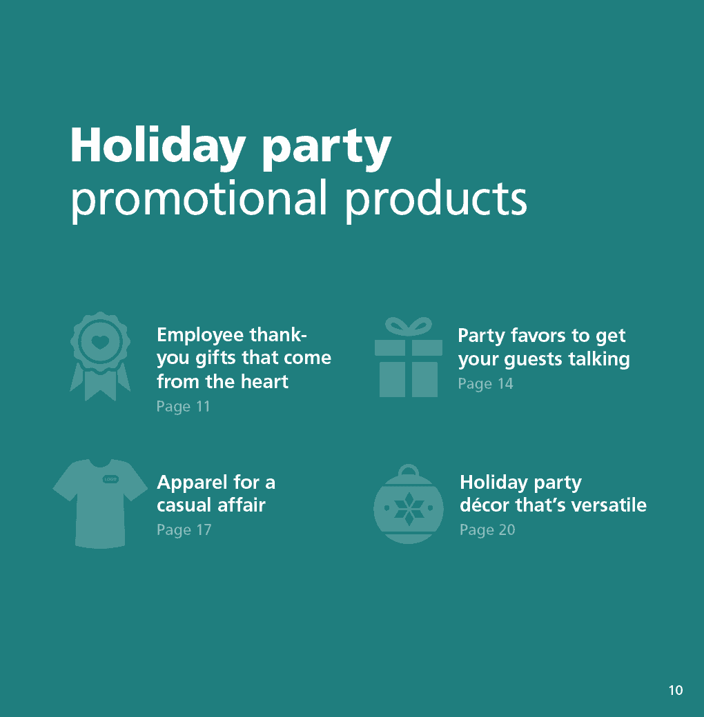 Holiday Promotional Items eBook 2018 - What's new in business holiday parties - Page 10: Holiday party promotional products - table of contents for next 4 sections
