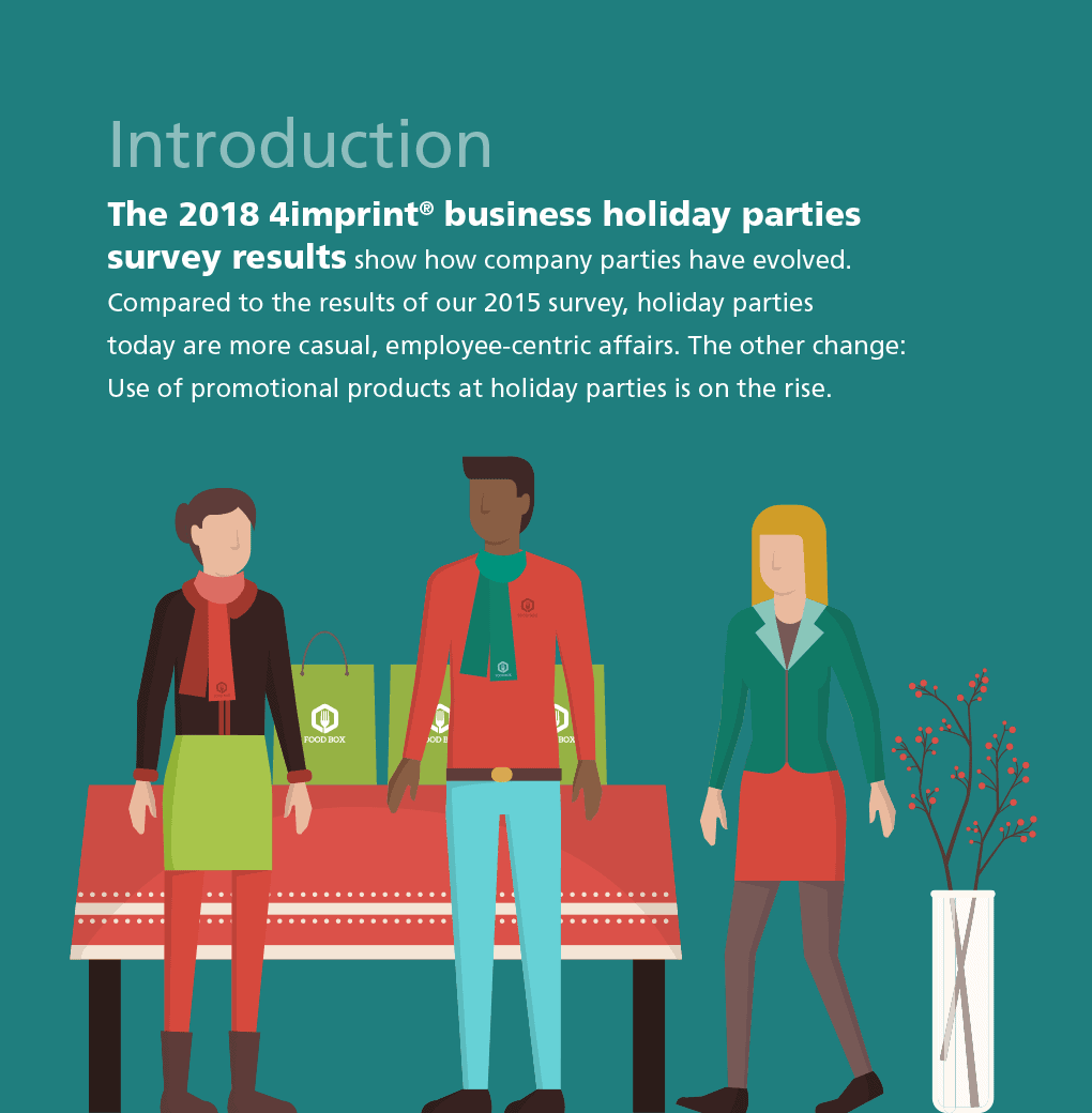 Introduction - The 2018 4imprint® business holiday parties survey results show how company parties have evolved. Compared to the results of our 2015 survey, holiday parties today are more casual, employee-centric affairs. The other change: Use of promotional products at holiday parties is on the rise.