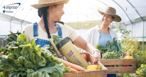 Two women holding crates of vegetables in a garden.