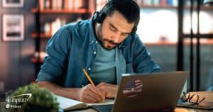 Man writing with a light-up logo pen