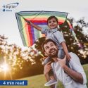 Man outdoors with young boy on his shoulders. The boy is holding a kite.