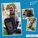 Photo collage of a dog with an amputated leg and person holding a branded cooler backpack.