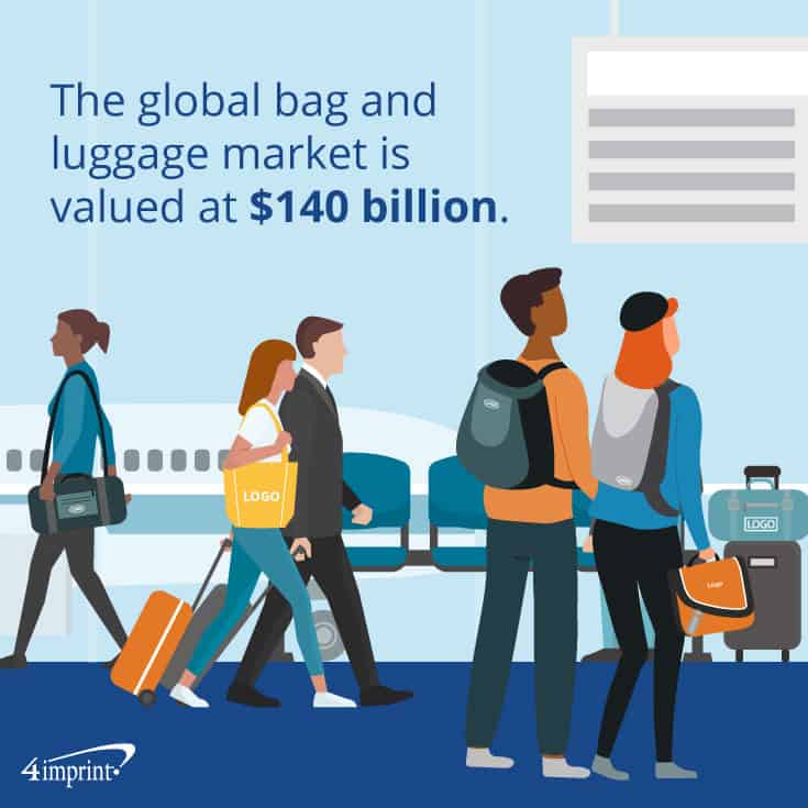 People at an airport carrying branded bags, duffels and backpacks.