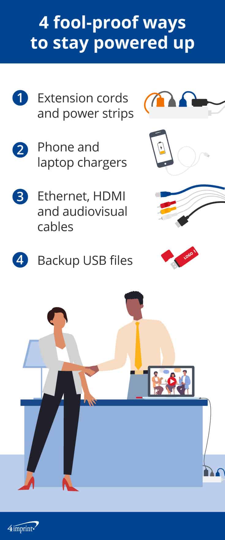 A man and woman shake hands with a charging laptop nearby, surrounded by icons of a power strip, phone with low battery, charging cables and USB drive.