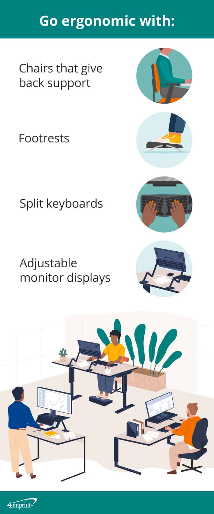 Employees work at various ergonomic desks and workstations. Icons show a supportive chair, footrests, split keyboards and adjustable monitor displays.