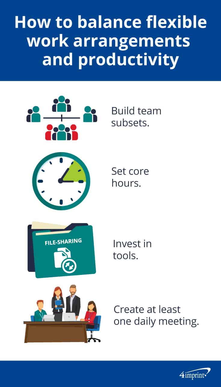 Icons of multiple team members, an analog clock, file folders and a work conference.  