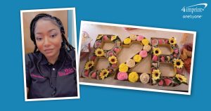 Photo collage of a person wearing a branded shirt and cupcakes arranged to spell B 2 B.