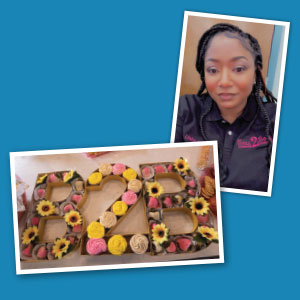 Photo collage of a person wearing a branded shirt and cupcakes arranged to spell B 2 B.