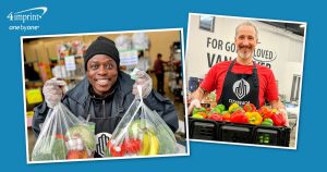 Smiling people wearing branded aprons and holding up containers of fresh produce.