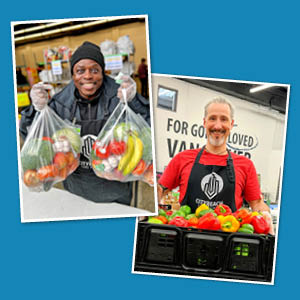 Smiling people wearing branded aprons and holding up containers of fresh produce.