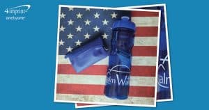 Branded blue water bottle on an American flag background.