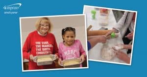 Grandmother and granddaughter baking bread and hands passing baking utensils.