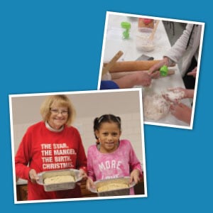 Grandmother and granddaughter baking bread and hands passing baking utensils.