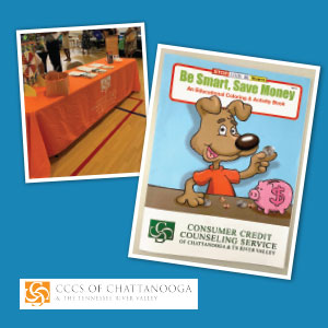 Photo collage of an expo booth and a branded coloring book.