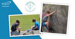 Photo collage of child on a rock-climbing wall and children sitting outdoors on a rock.