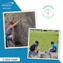 Photo collage of child on a rock-climbing wall and children sitting outdoors on a rock.