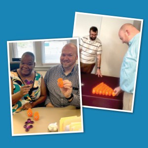 Collage of photos showing people sharing branded stress relievers and fidget spinners.