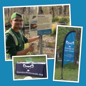 Photo compilation of a banner, logo table cover and volunteer standing by a park beaver sign.