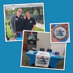 Photo collage of branded tablecloth, promotional button and two women standing behind a table.