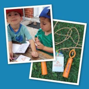 Photo of two children with coloring books and crayons and photo of a jump rope.