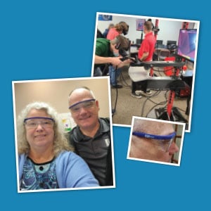 Collage of photos showing students in a manufacturing setting and people wearing safety glasses.