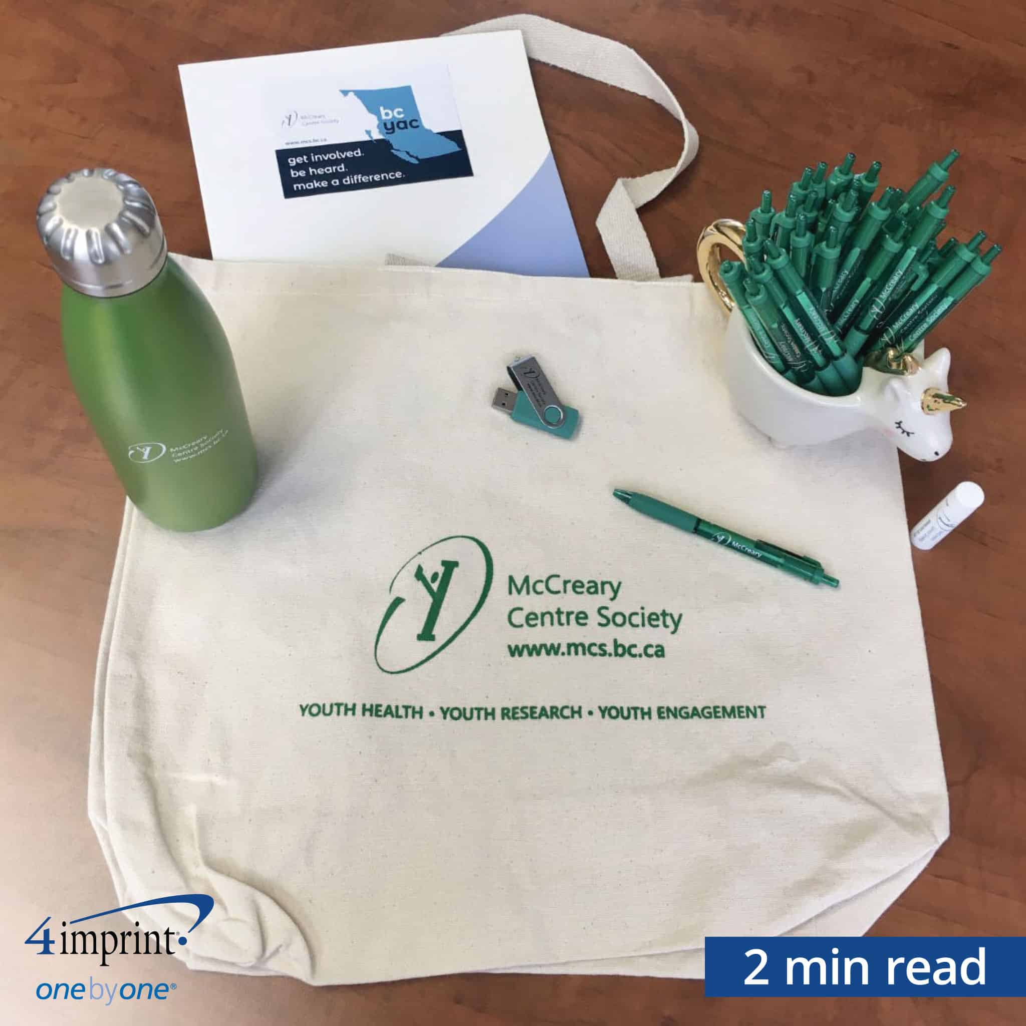 Promotional tote bag, water bottle, USB drive, lip balm and a cup of pens. 2 min read time.