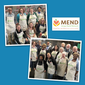 Two large groups of people wearing branded aprons.