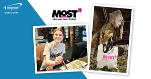 Photo collage of a girl sitting at a museum desk and a dinosaur holding a tote bag.