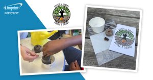 Photo collage of a tree seed kit and hands planting seeds.