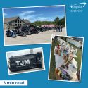 Photo collage of many motorcycles, a branded cooler and a table full of gift bags
