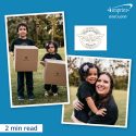 Photo collage of two children holding boxes and a mother and child.