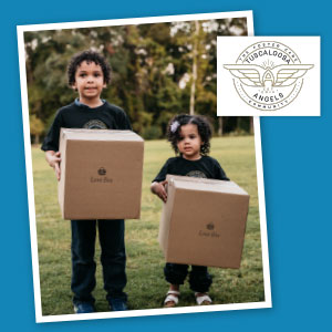 Photo collage of two children holding boxes.