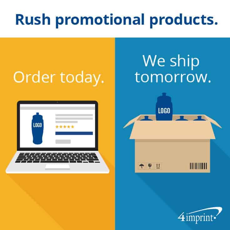 Laptop with promo product order on screen side by side with box with promo products inside 