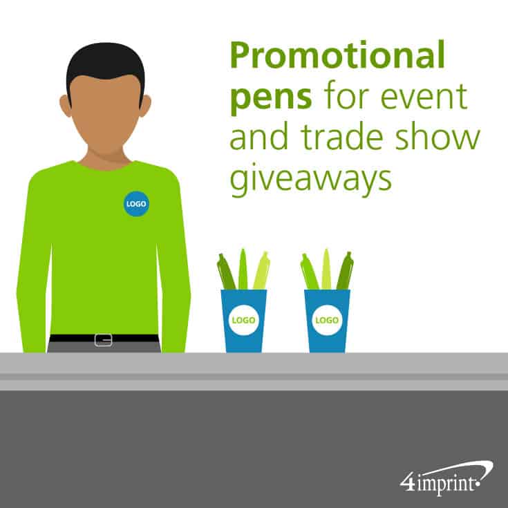 A man distributes promotional pens at and events as a trade show giveaway.