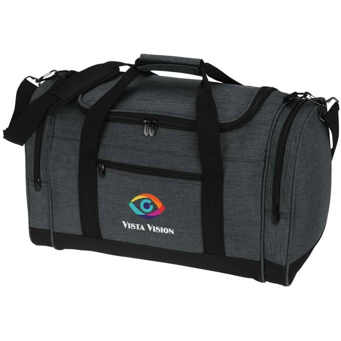 Branded dark heather fabric duffel bag