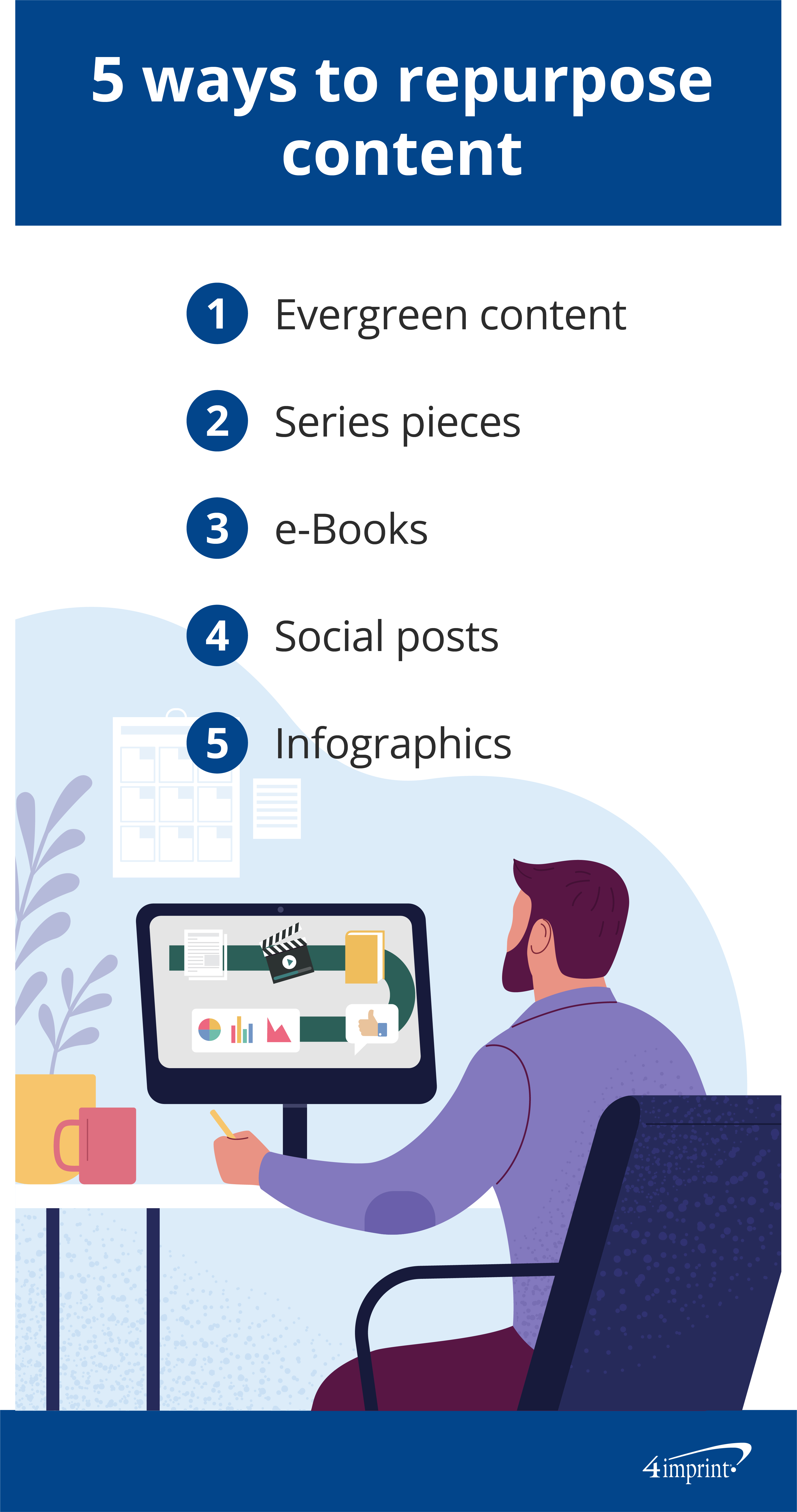 Man looking at laptop screen showing flow chart of document, video, e-Book, social media and infographic icons.