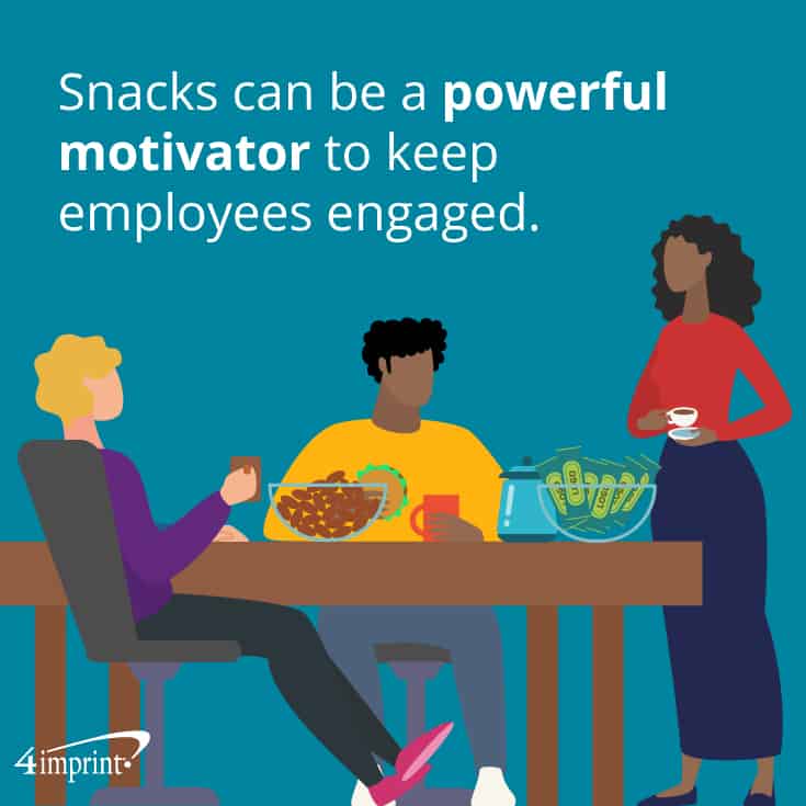 Employees sitting at table with snacks.