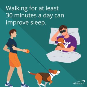 Two-panel image. A person walking a dog. A person sleeping in bed with the dog.