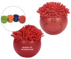 Front and back of red MopTopper stress reliever that says "Words of Affirmation"