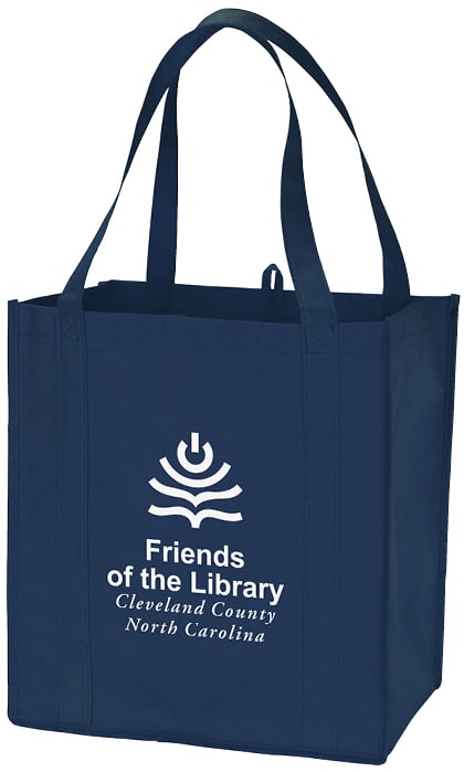 Navy blue tote bag with a logo.