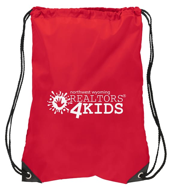 Red drawstring bag with Realtors4kids logo on it