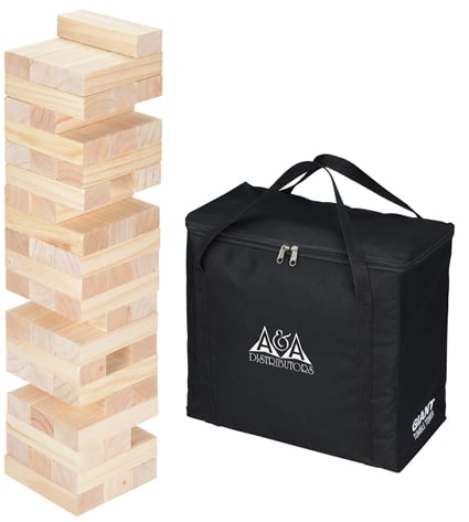 Giant wooden block tumble tower game with branded carrying case