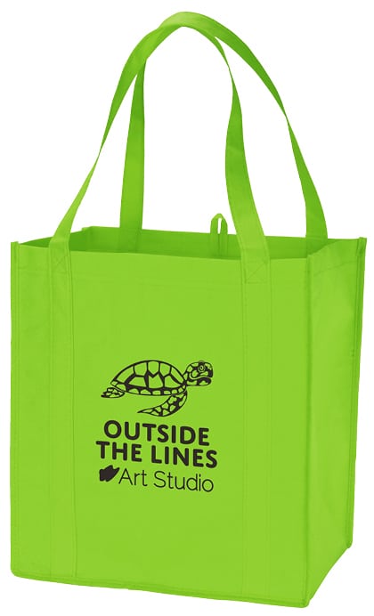 Reusable grocery tote with a logo.
